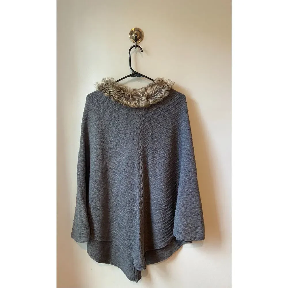Grey Faux Fur Collar Cable Knit Poncho Cape Sweater
